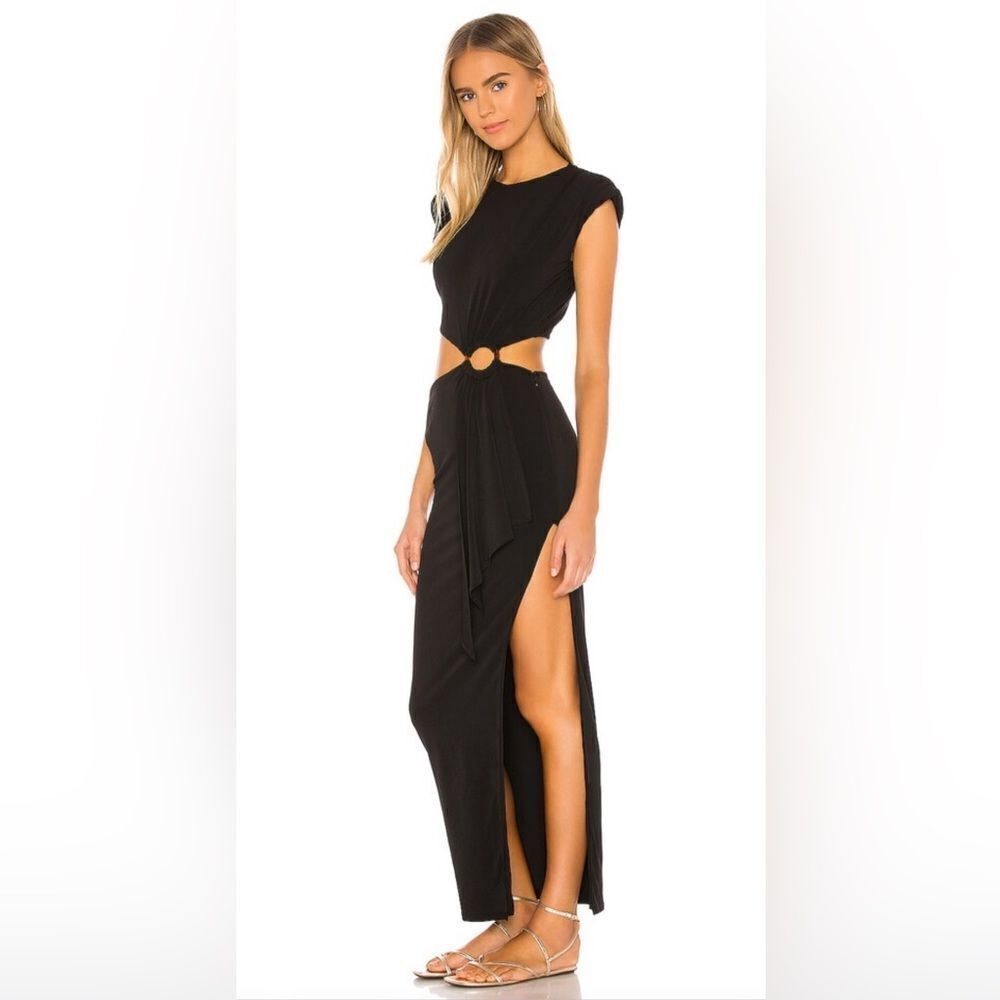 Lovers and Friends Encore Dress in Black Midriff Cut Out Shoulder Pads Maxi XS